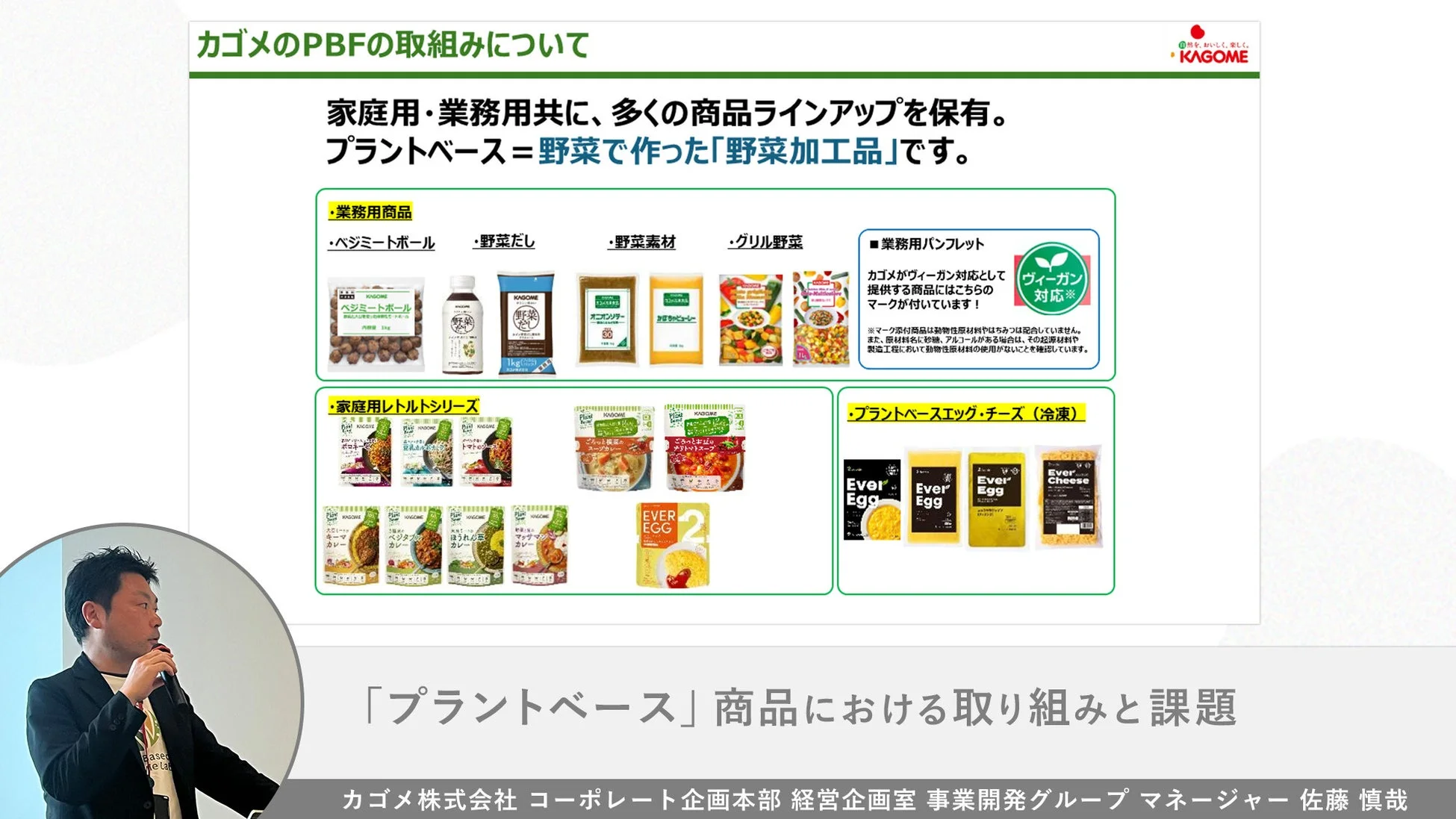 カゴメのPBF（プラントベースフード）への取り組みを紹介するスライド