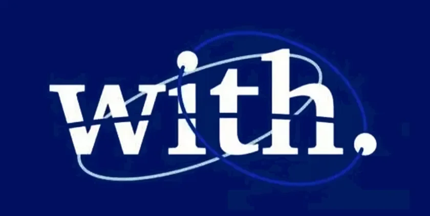 青い背景に白い文字で「with.」と書かれたロゴデザインです。文字の周りには曲線的な線が描かれ、シンプルながらも動きのある印象を与えます。