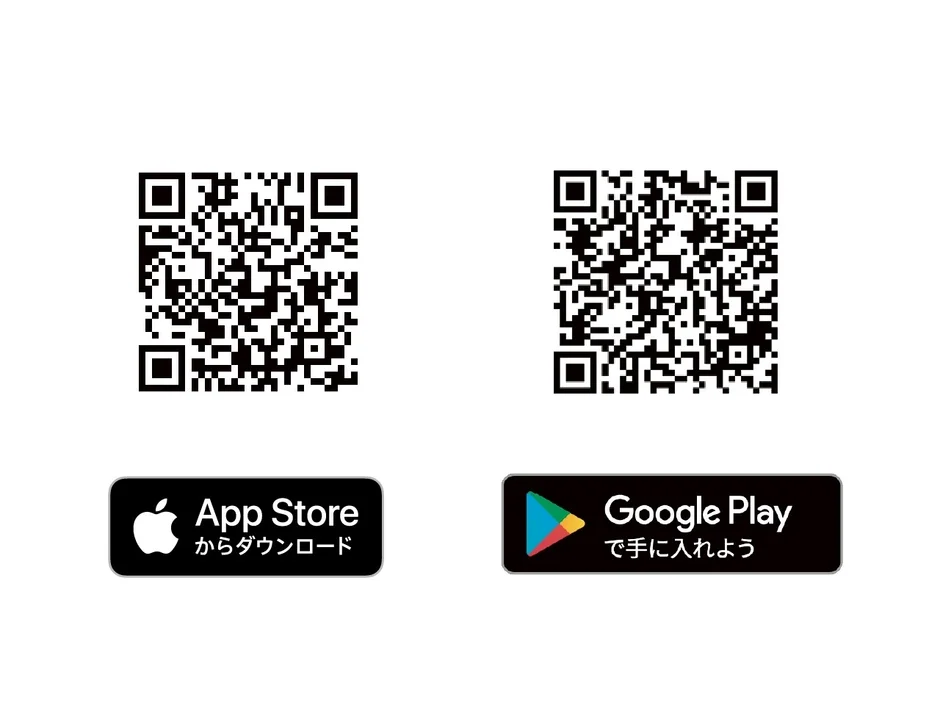 App StoreとGoogle Playのダウンロードを促すQRコードとボタン