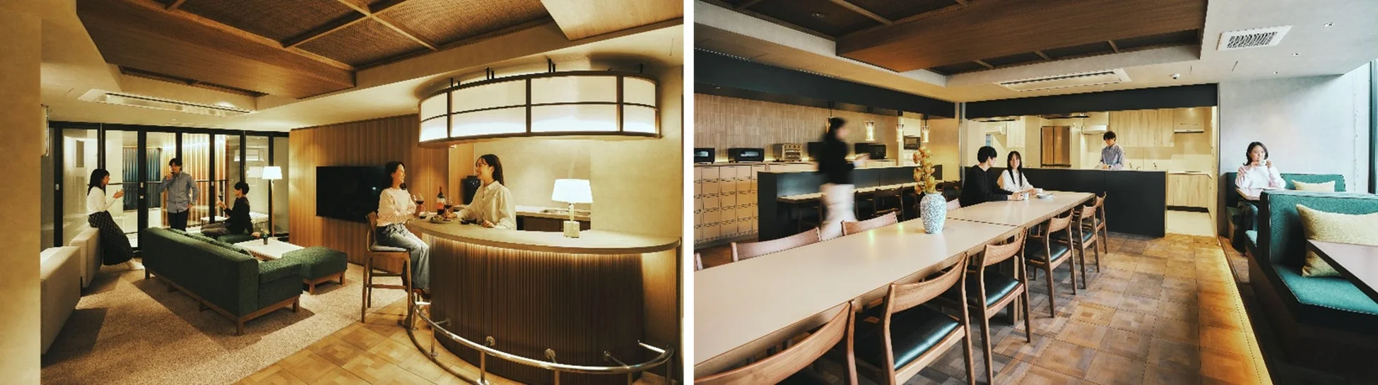 共用スペース、ラウンジ、ホテル、コワーキング、バー、カフェ、ダイニング、キッチン、交流、リラックス、モダン、インテリア、ウッド調、快適