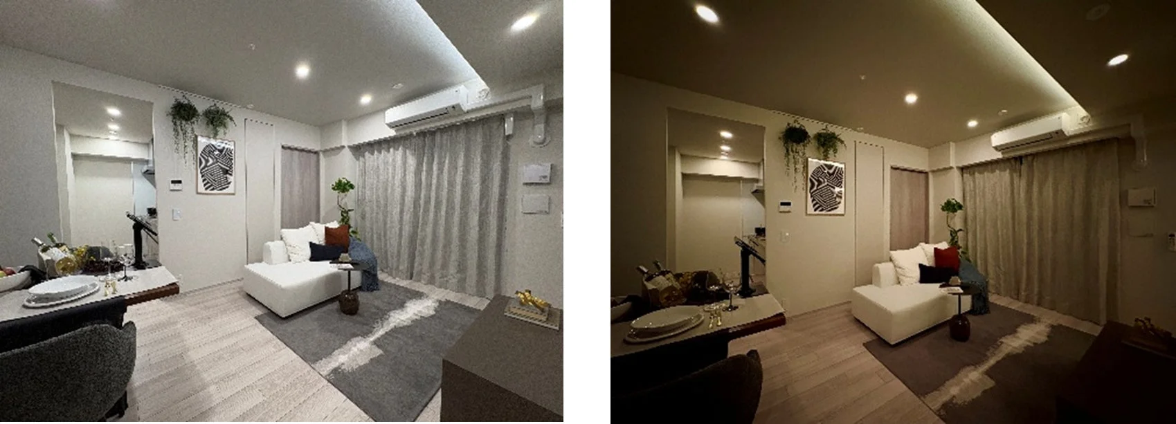 モダンなリビングダイニングの室内で、白いソファと食事の準備がされたダイニングテーブルが見えます。間接照明が効いた落ち着いた雰囲気の空間です。