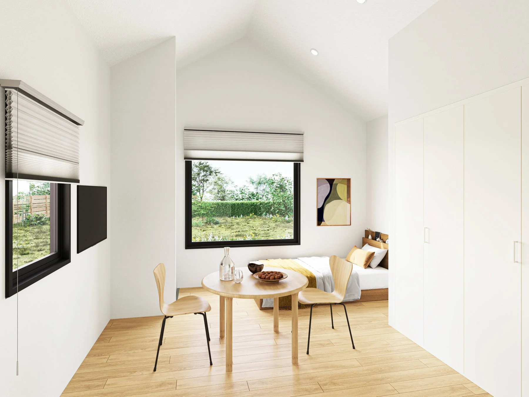 明るく広々としたモダンなワンルームのインテリア