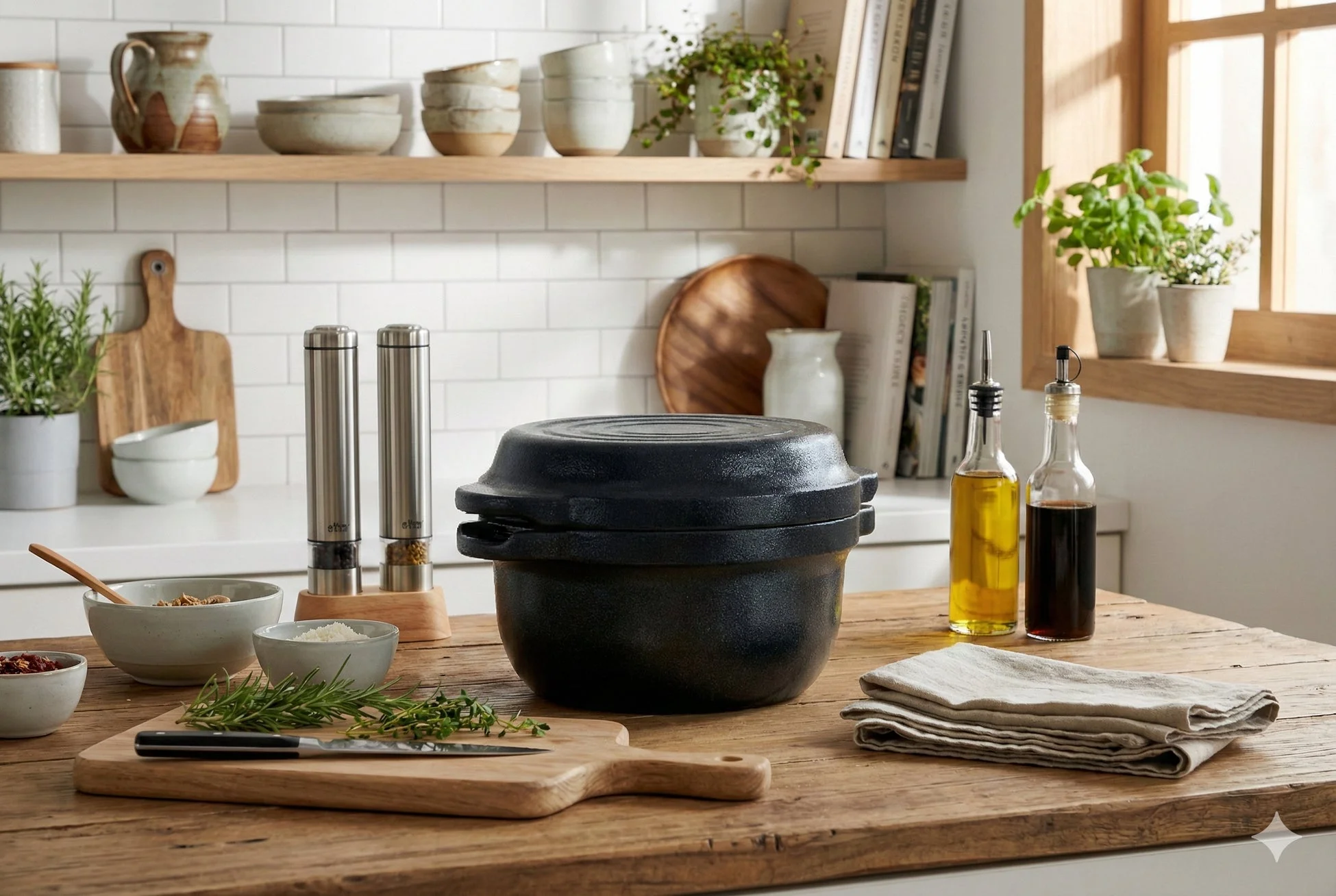 キッチンカウンターに置かれた鋳物鍋とハーブ