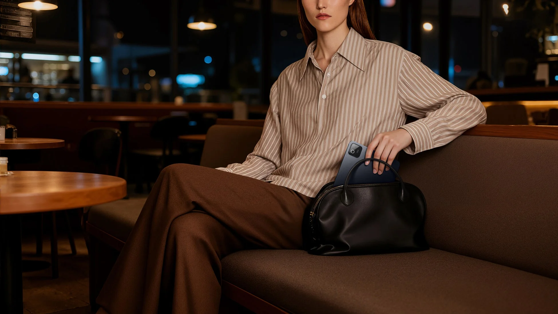 カフェでタブレットを使用する女性