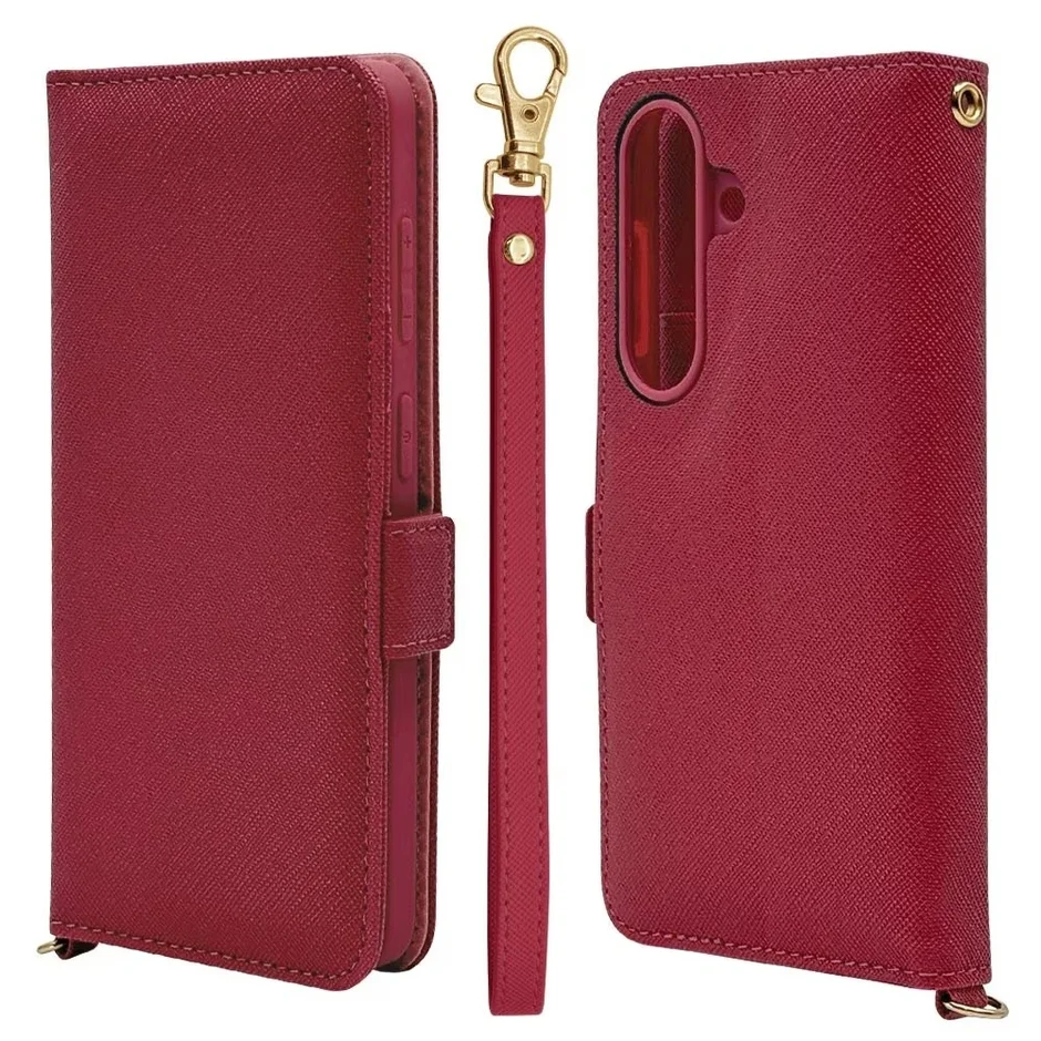 ハンドストラップ手帳型ケース レッド