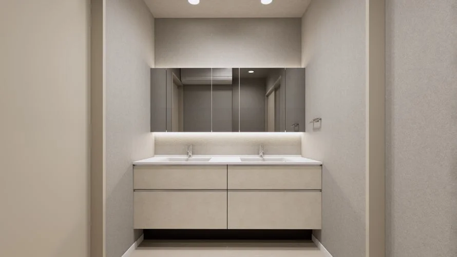 現代的なデザインのバスルームにある、ダブルシンクの洗面台と大型ミラーキャビネットの画像です。間接照明が洗練された雰囲気を演出しています。
