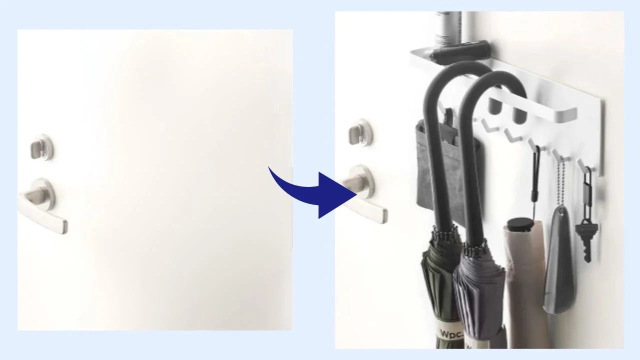 玄関ドアにマグネット式の収納ラックを取り付け、傘、鍵、靴べらなどを機能的に収納している様子を示すビフォーアフター画像です。省スペースで整理整頓された玄関を実現しています。