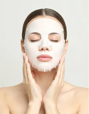白いシートマスクを顔に装着し、目を閉じてリラックスしている女性のクローズアップ画像