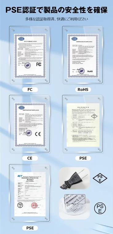 製品がPSE、FCC、RoHS、CEなど多様な国際認証を取得していることを示す画像