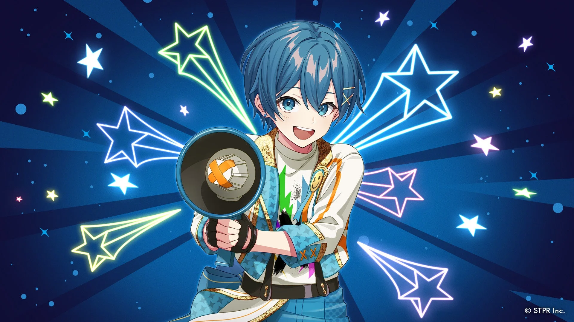 青い髪の少年がメガホンを手に満面の笑顔を見せているイラスト