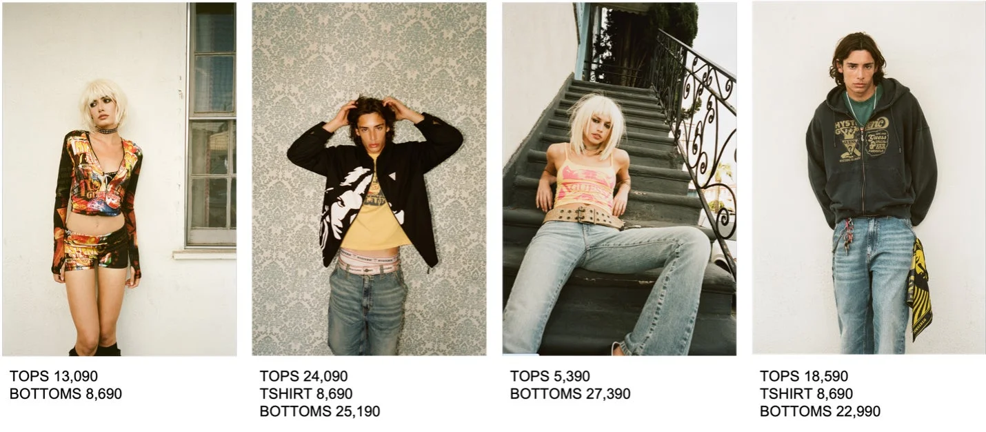 ファッション、モデル、カジュアル、ストリートウェア、デニム、ジーンズ、トップス、ショートパンツ、フーディ、Tシャツ、パンクロック、ブロンドヘア、ダークヘア、都会的、写真撮影、価格表示、ゲス、ヒステリックグラマー