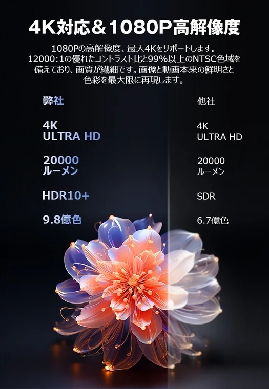 4K対応および1080P高解像度ディスプレイの性能を説明する広告