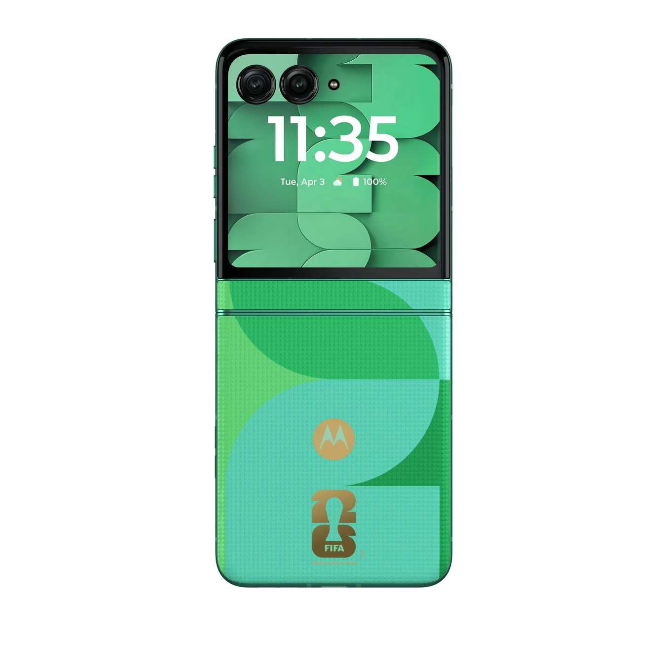 MotorolaとFIFAロゴ入りの緑色折りたたみスマートフォン