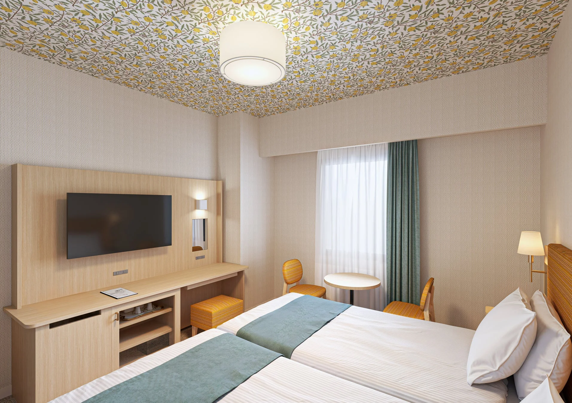 明るくモダンなホテルツインルーム