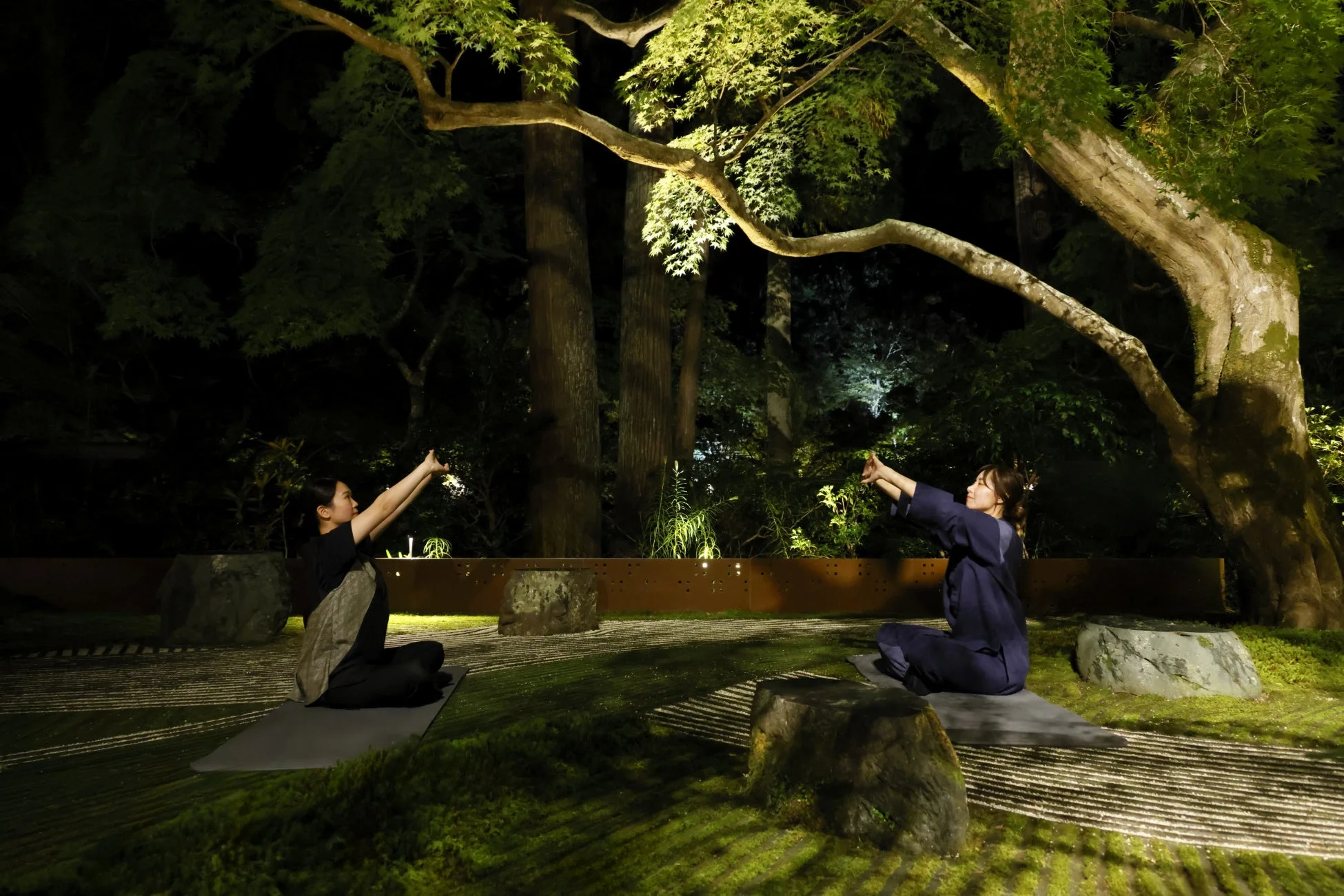 夜の日本庭園でヨガのポーズをとる2人の女性