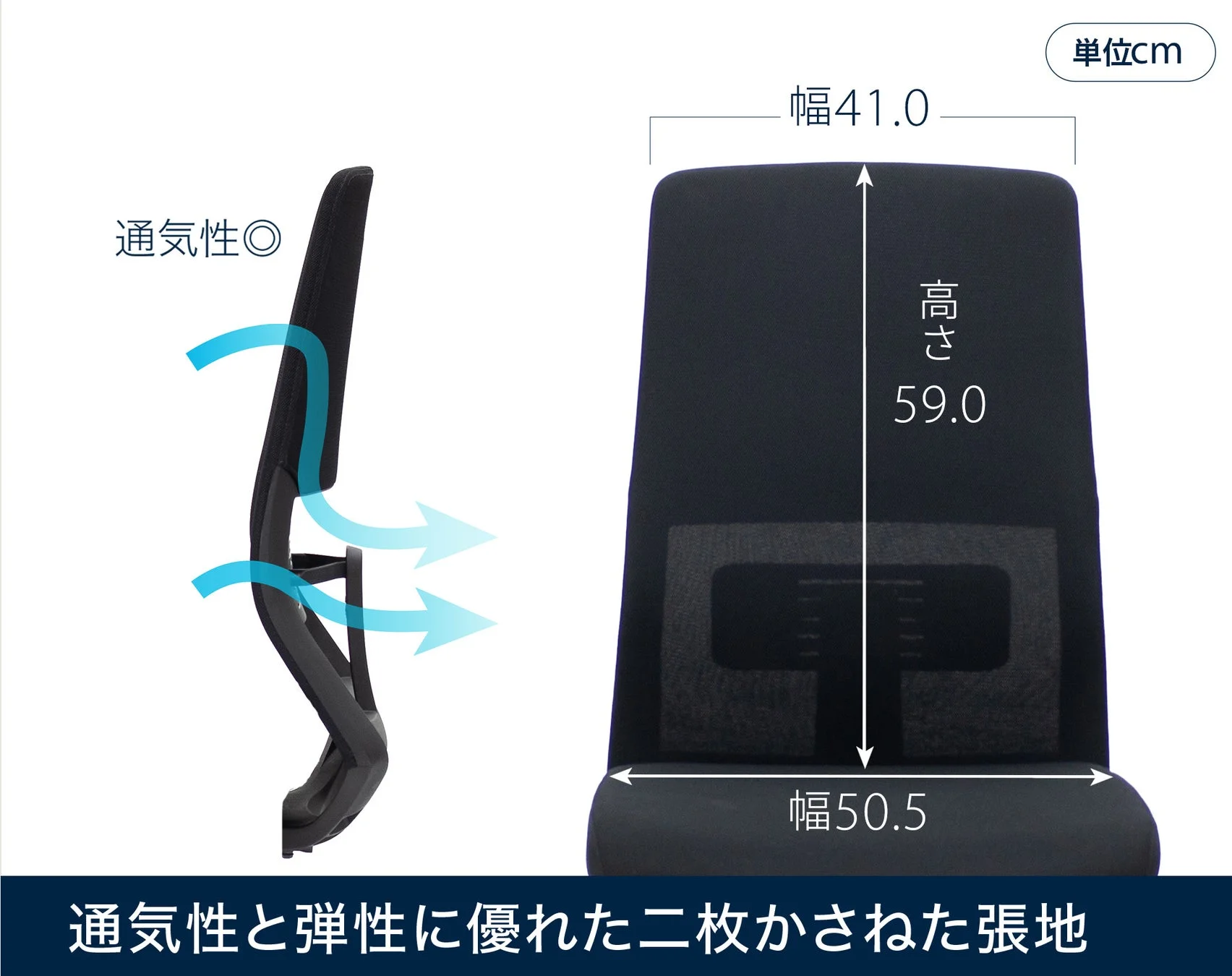 通気性と弾性に優れた二枚重ねの張地を持つオフィスチェアの背もたれ