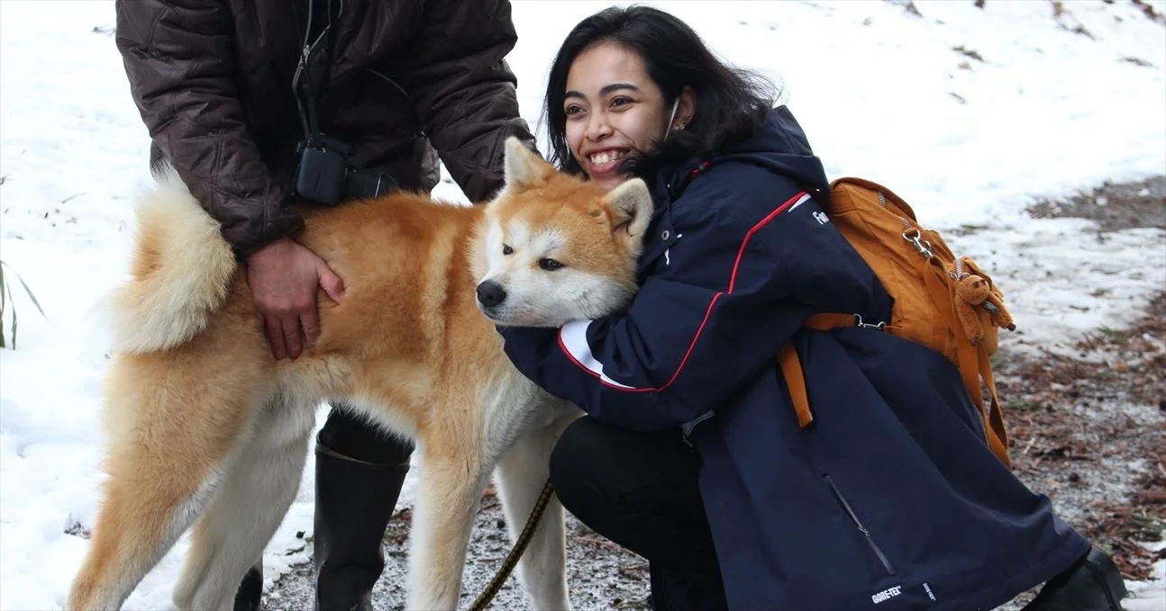 雪が積もった屋外で、一人の女性が秋田犬を抱きしめ、笑顔を見せています。