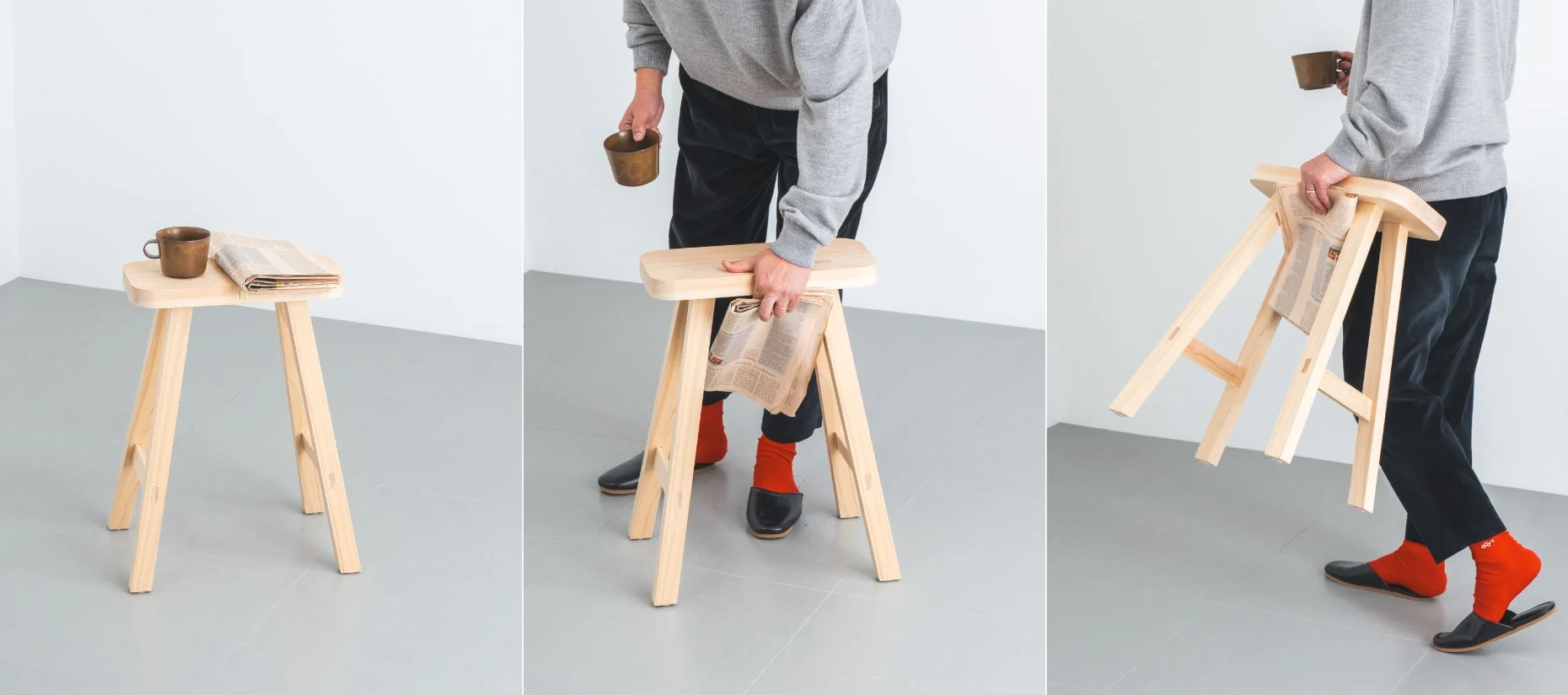 新聞とカップが置かれ、持ち運ばれるスツール