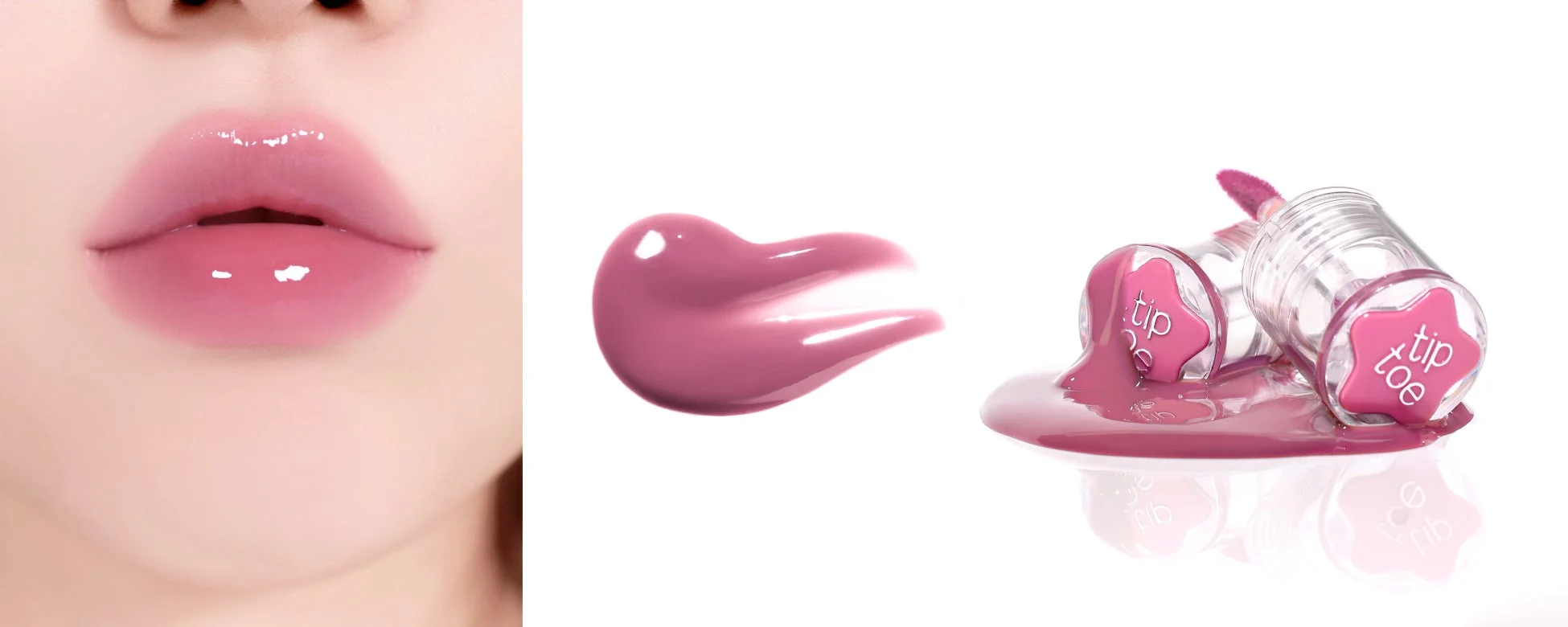 艶やかなピンクのリップグロスを塗った唇のクローズアップと、こぼれたリップグロス、そして「tip toe」と書かれた容器が写っています。