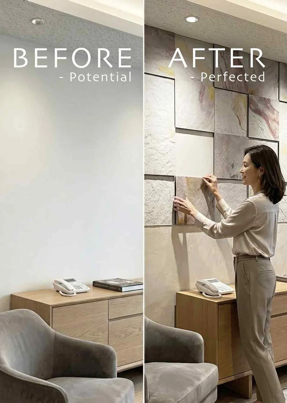 白い壁の部屋が装飾パネルでスタイリッシュな空間に変貌する様子