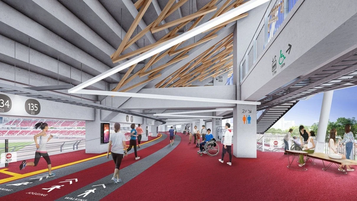 スタジアムコンコースで運動する人々