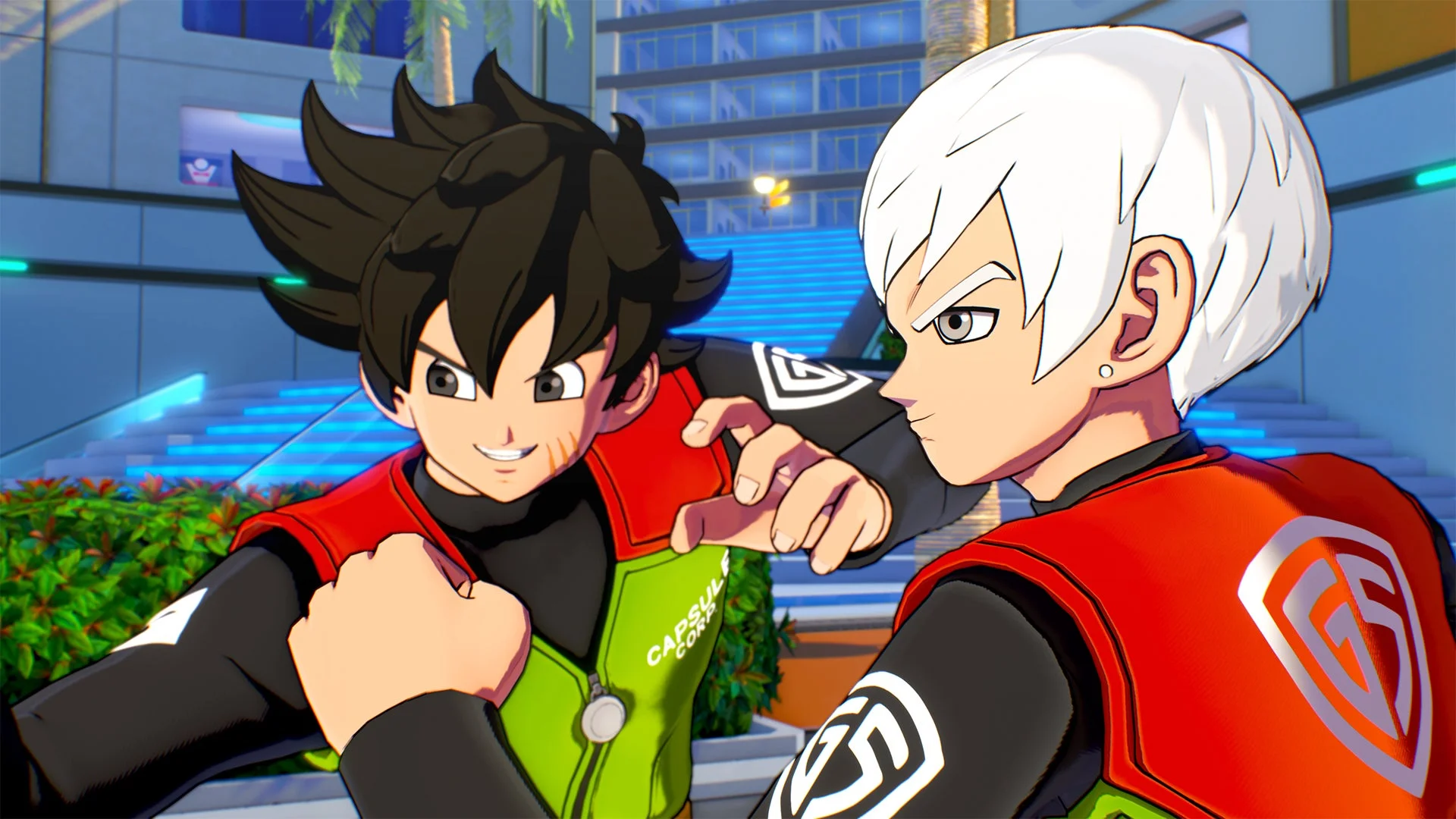 男性キャラクター2人、カプセルコーポレーションのロゴ