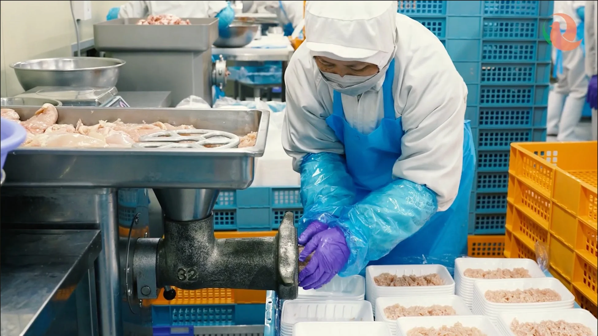 食品加工工場で鶏肉をミンチにする作業員