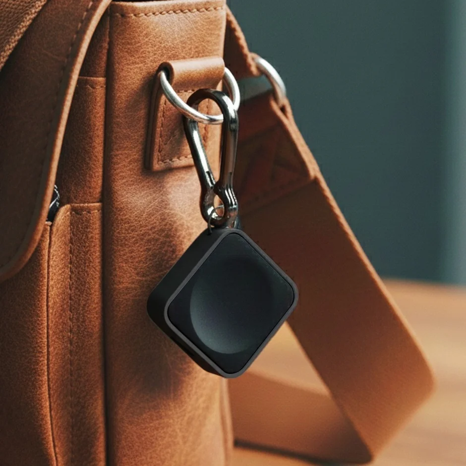黒い四角いデバイスがカラビナクリップで茶色の革製バッグに吊り下げられています。
