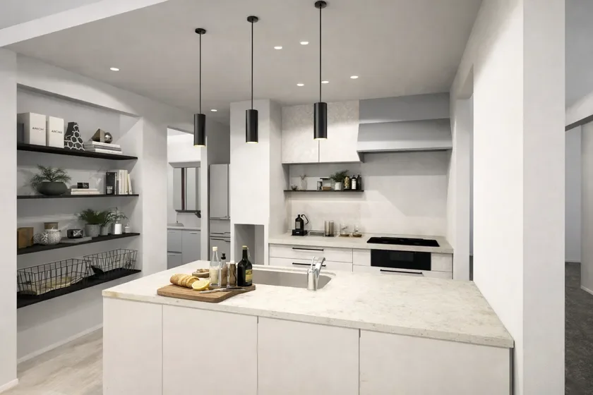 白を基調としたモダンなアイランドキッチン