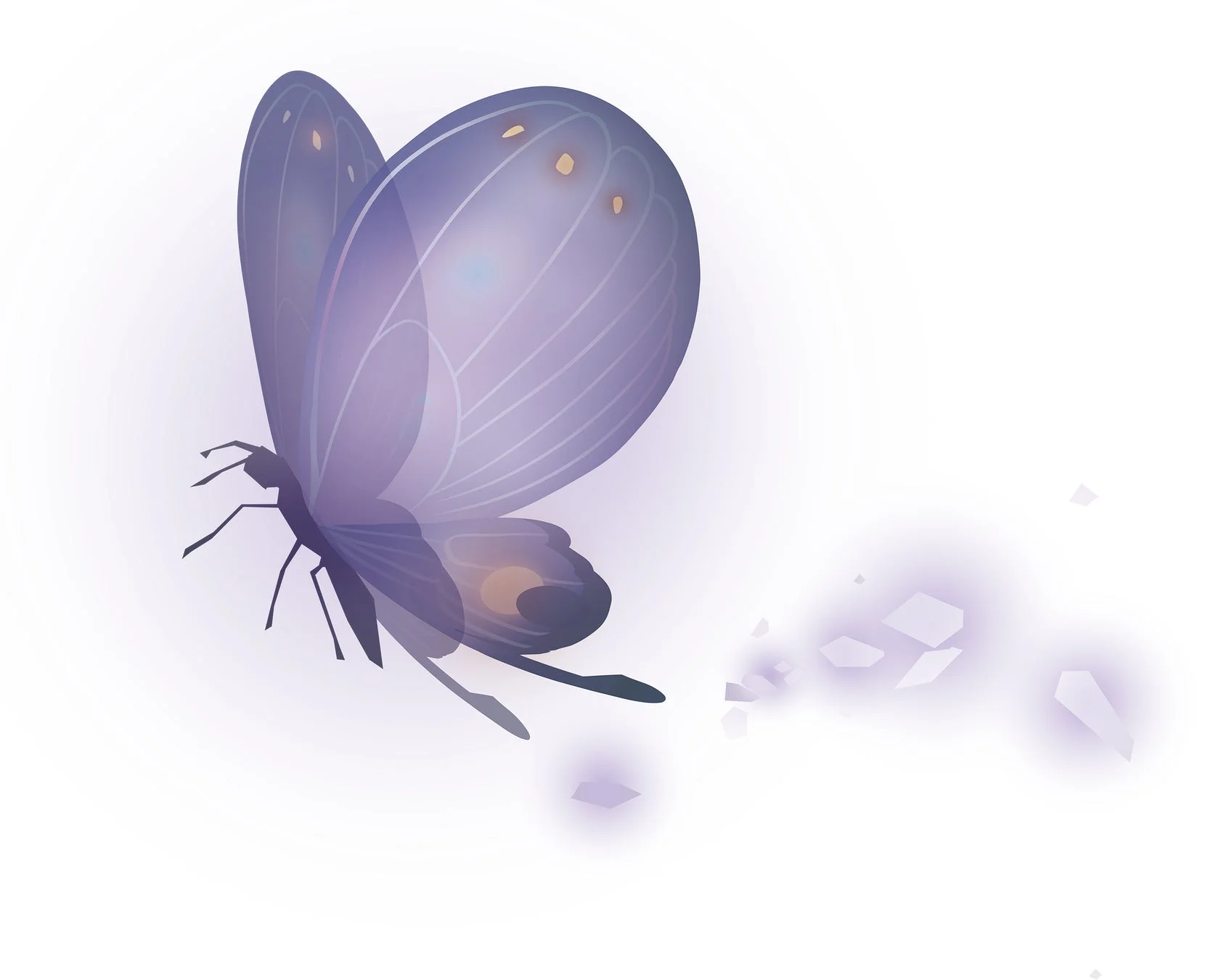 白い背景に紫色の幻想的な蝶が描かれたイラスト。