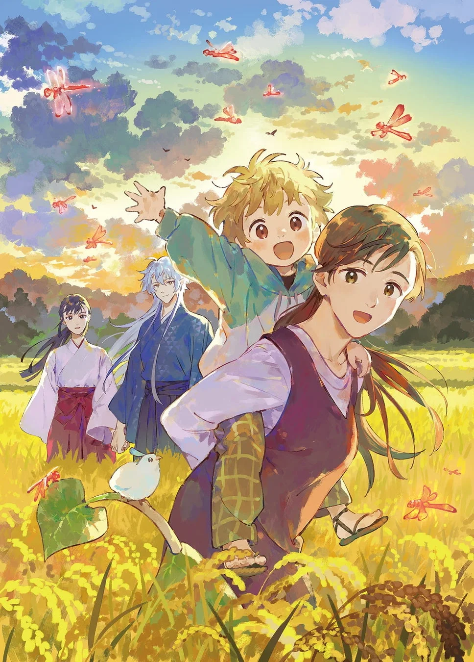 夕暮れの黄金色の田んぼを背景に、母親が子供をおんぶして楽しそうに歩く家族の姿。空には多くのトンボが舞い、和服を着た男女も見える、日本の秋の豊かな情情を描いたイラストです。