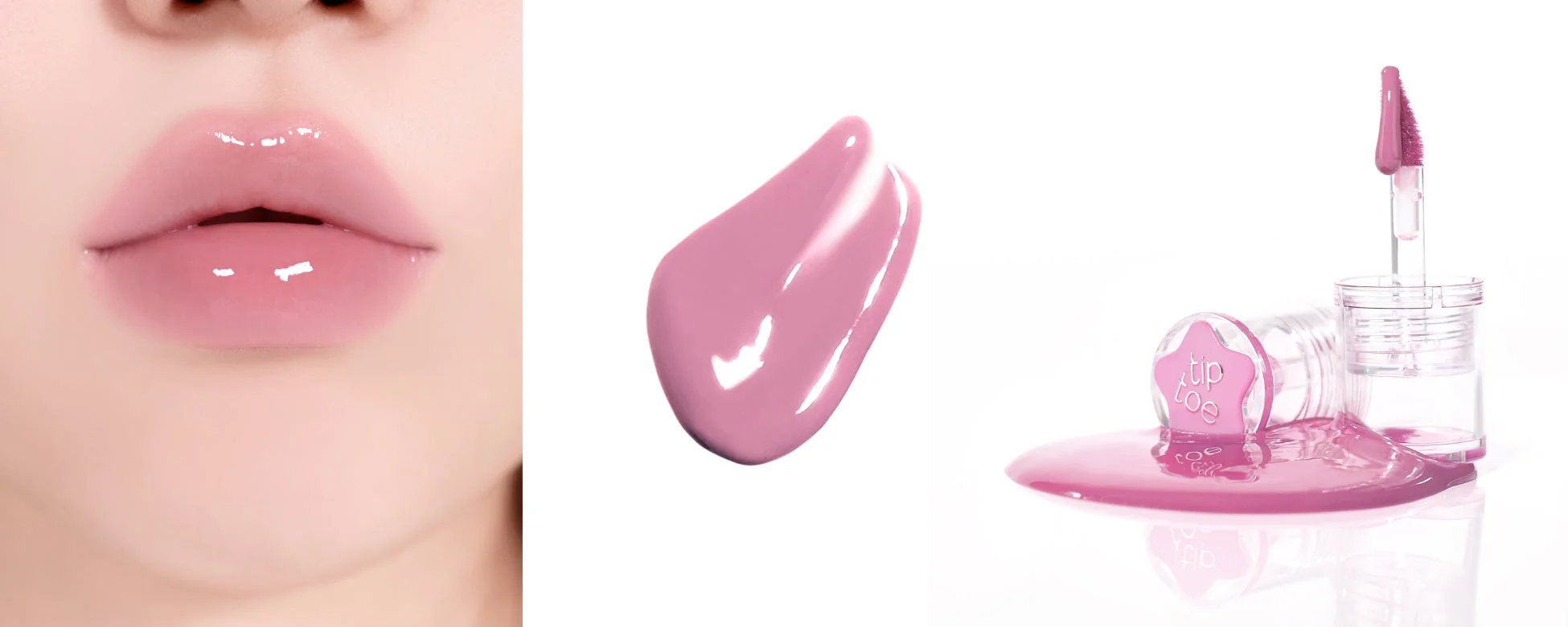 ピンク色のリップグロスを塗った艶やかな唇、リップグロスの液体のサンプル、そしてこぼれたグロスと容器が写っています。