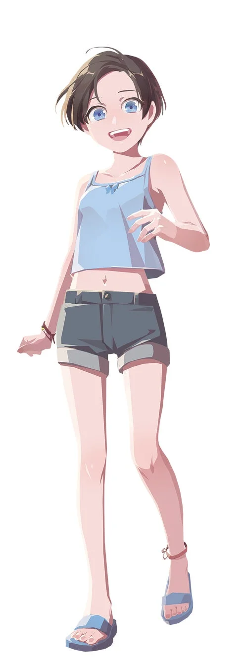 白背景に立つ、笑顔のアニメ調の少女の全身イラスト。