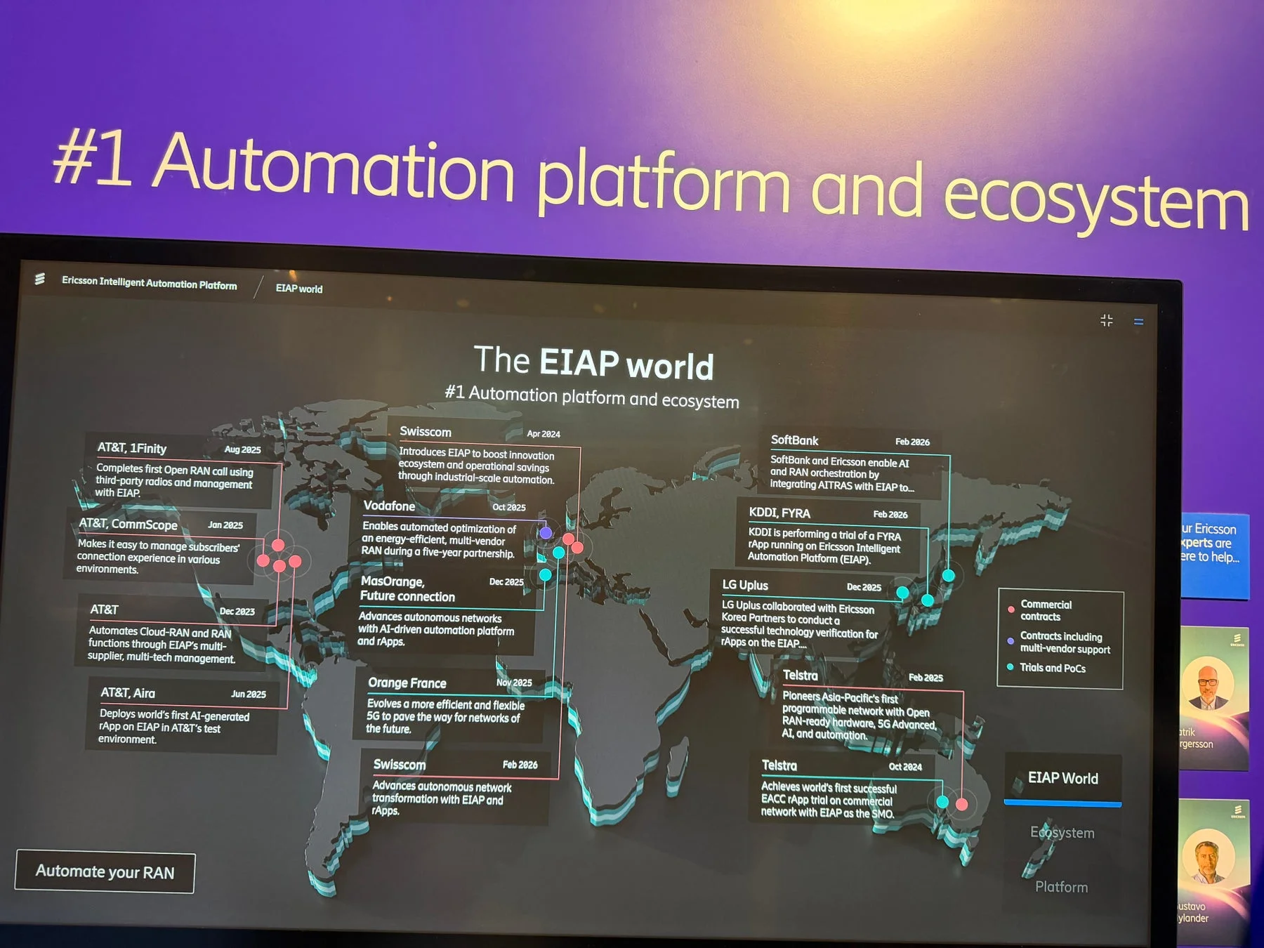 エリクソンのEIAP（インテリジェント自動化プラットフォーム）が世界中で展開され、AT&T、ソフトバンク、KDDIなどの通信事業者とのOpen RAN、5G、AIを活用した自動化プロジェクトやパートナーシップを示す地図です。