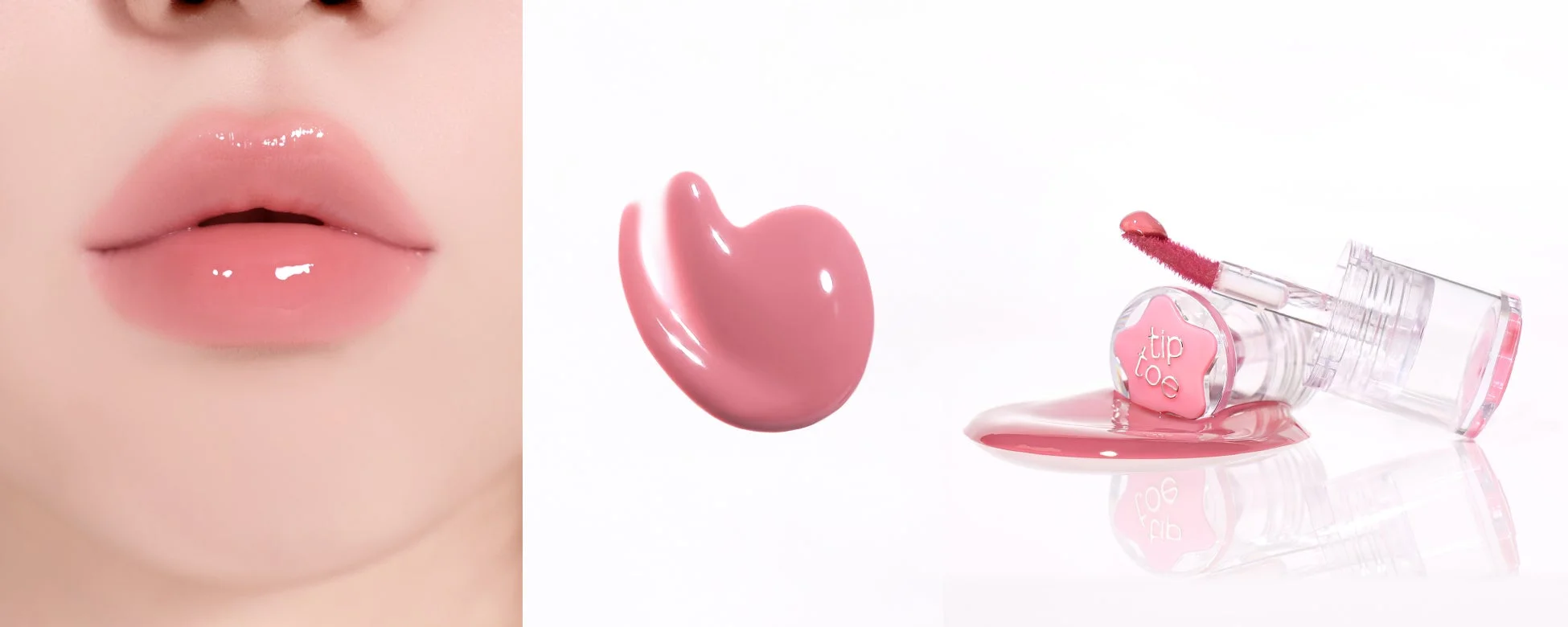 艶やかなピンク色のリップグロスを塗った女性の唇と、そのリップグロス製品（tip toe）、および液体が白い背景に配置された美容関連の画像です。