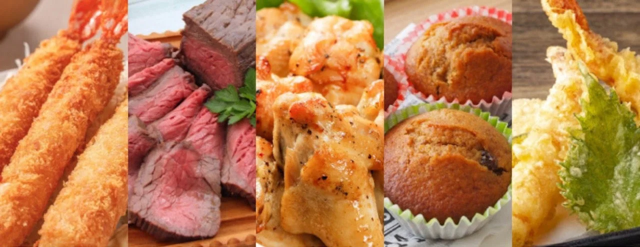 エビフライ、ローストビーフ、チキン料理など様々な料理のコラージュ