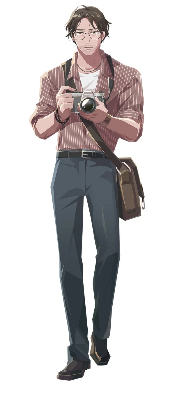 メガネをかけた男性がカメラを構えているイラスト。