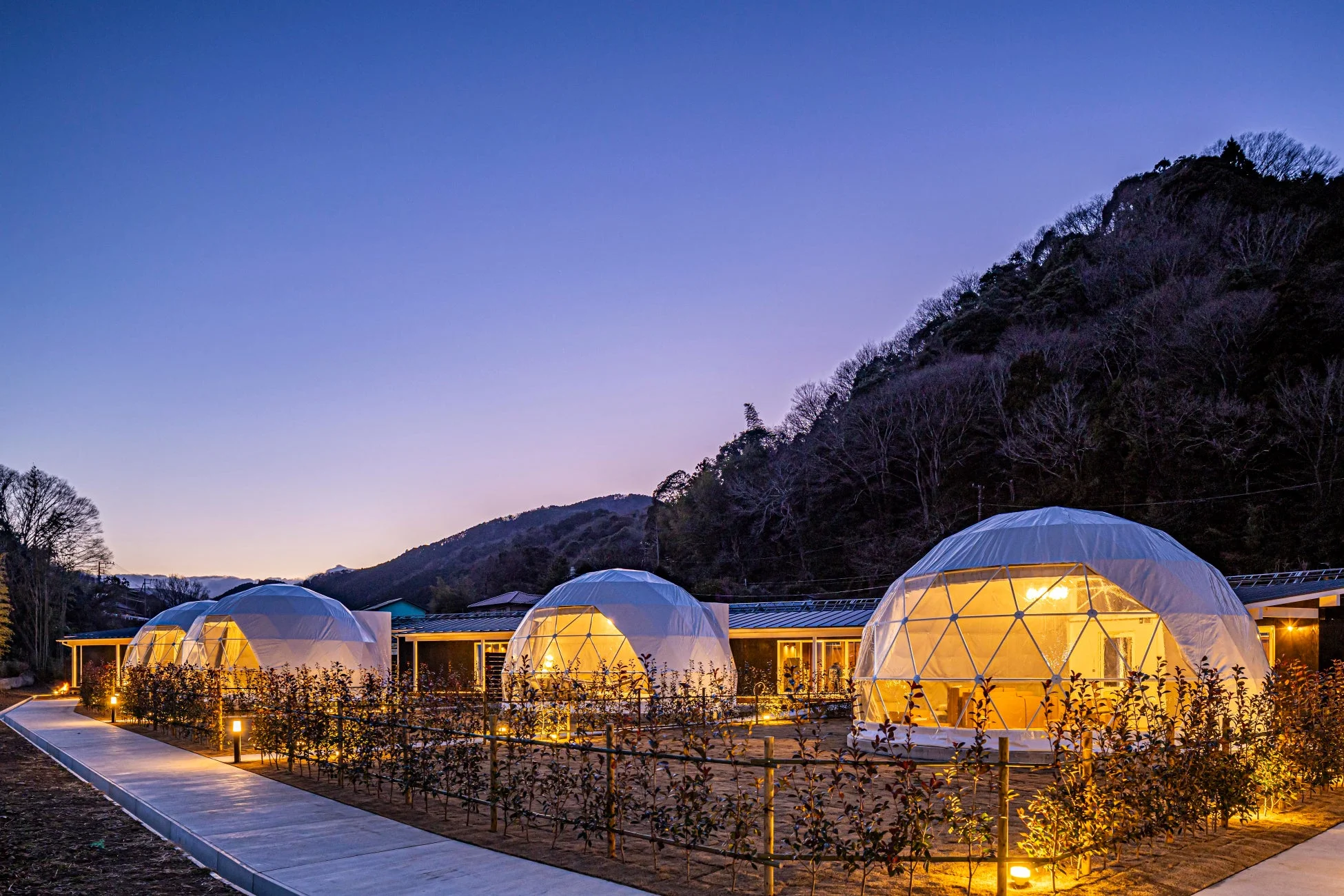 夕暮れ時、山を背景にライトアップされた複数のドーム型宿泊施設が並ぶ風景