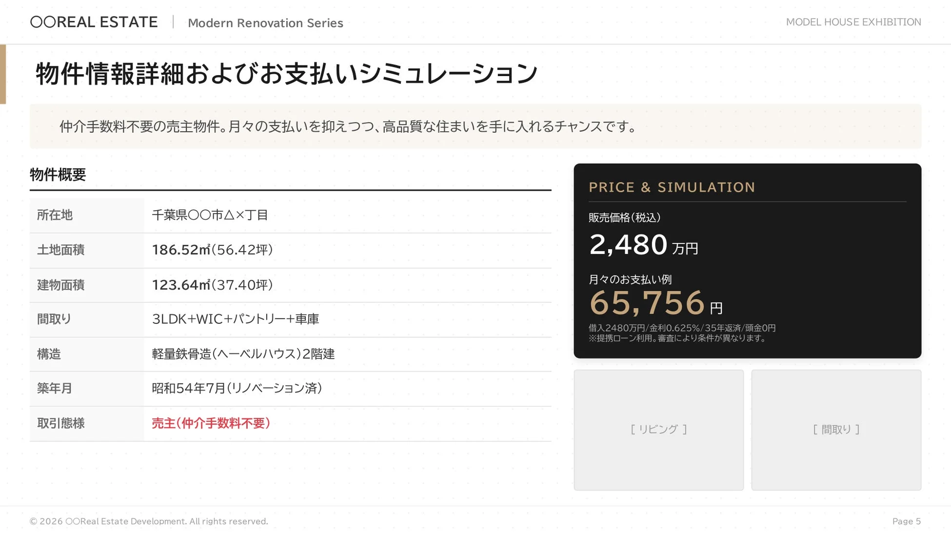 OO REAL ESTATE Modern Renovation Series MODEL HOUSE EXHIBITION 物件情報詳細およびお支払いシミュレーション