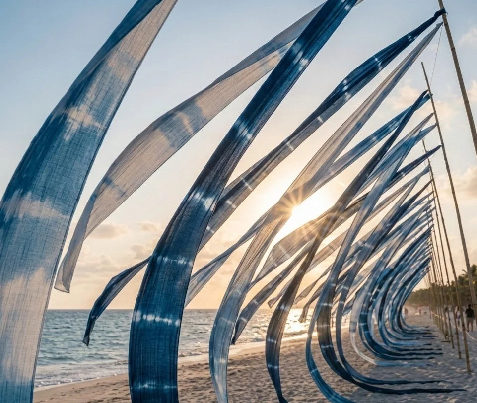 藍染のような旗が並ぶビーチ
