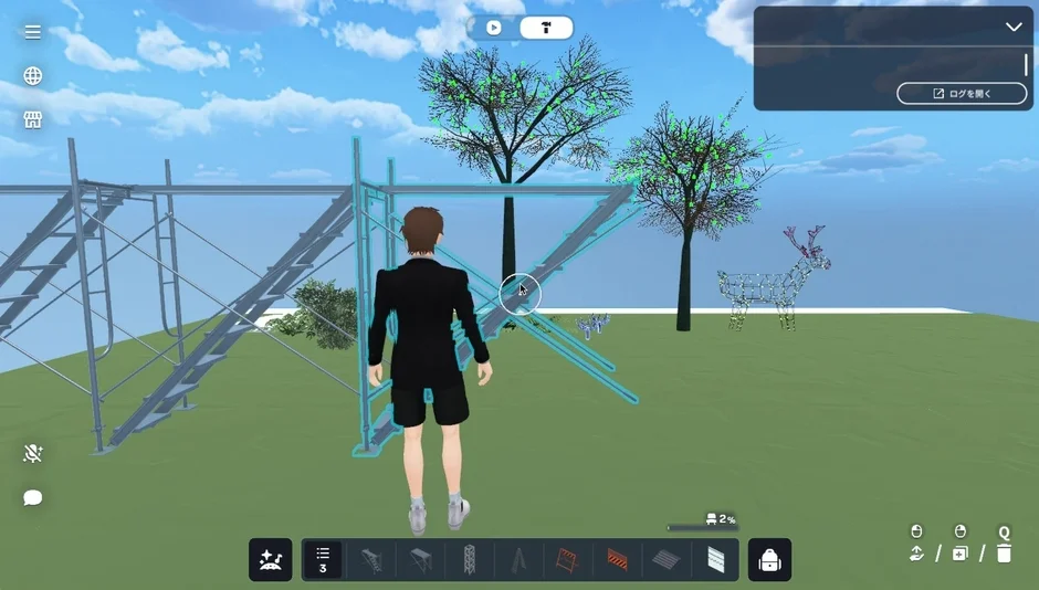 仮想空間でアバターが足場などのオブジェクトを操作・配置している様子