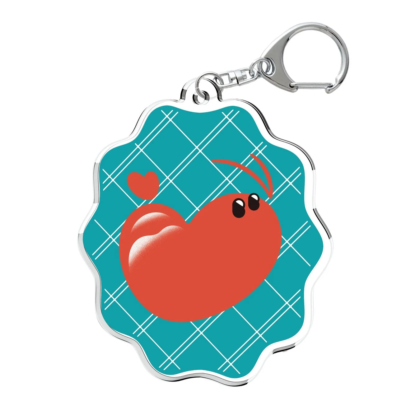 エビのような赤いキャラクターとハートが描かれたキーホルダー