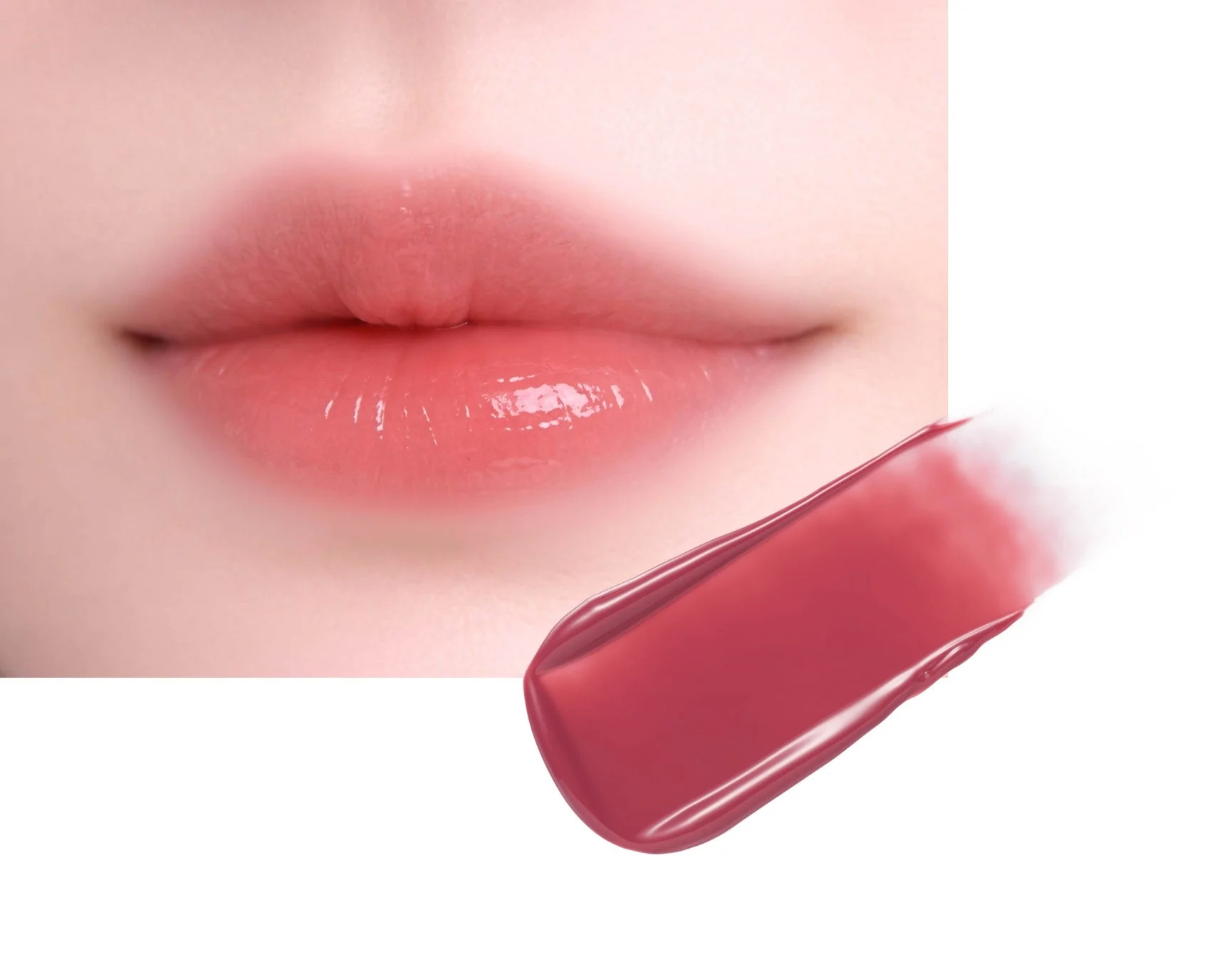 ティント02ピーチプリーズの唇とスウォッチ