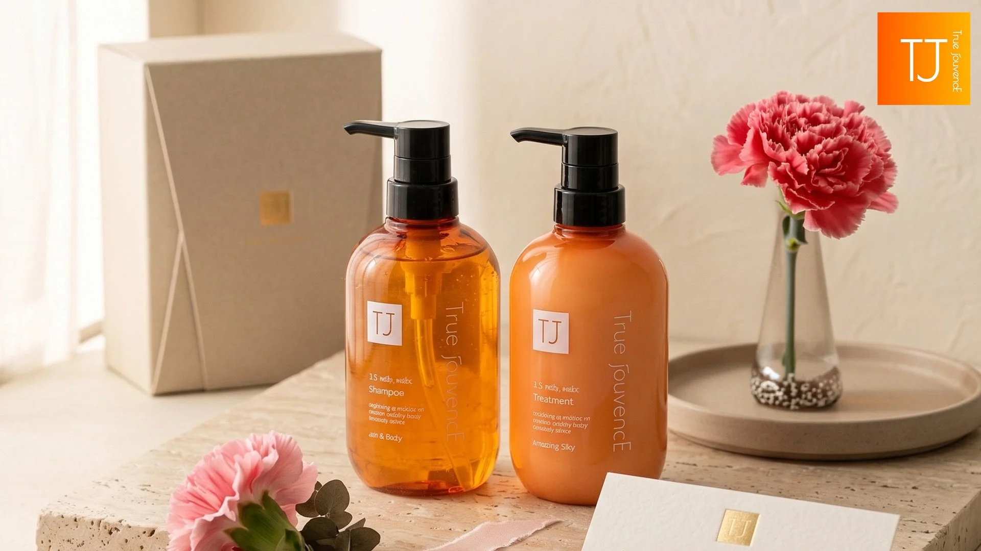 True JouvenCEのシャンプーとトリートメントのボトルが並べられた、エレガントな商品写真です。ギフトボックスやカーネーションの花が添えられ、洗練された雰囲気の中で製品が紹介されています。