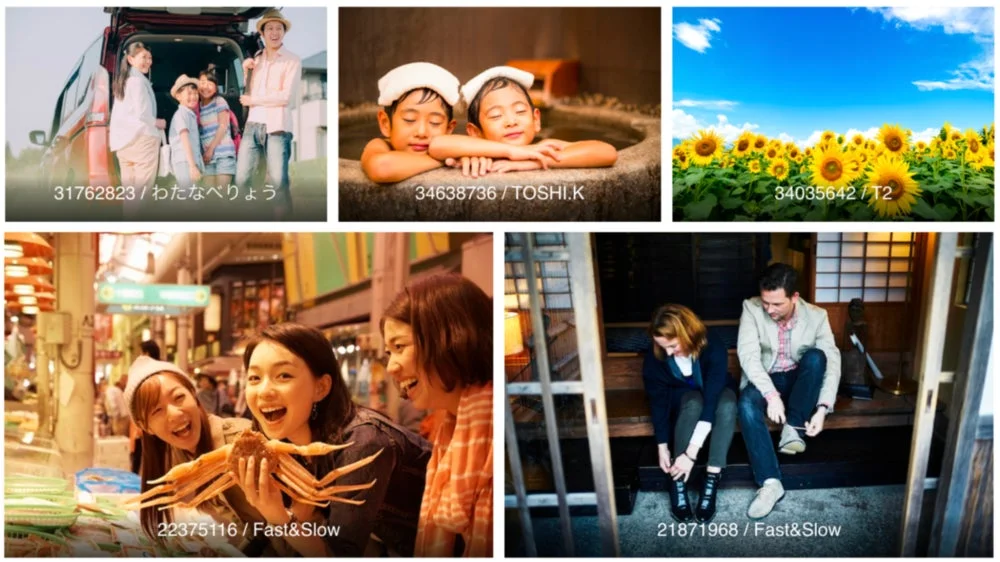 家族旅行、子供の温泉入浴、ひまわり畑、市場での友人とのひととき、カップルの休憩風景など、様々なテーマの6つのシーンを組み合わせたコラージュ