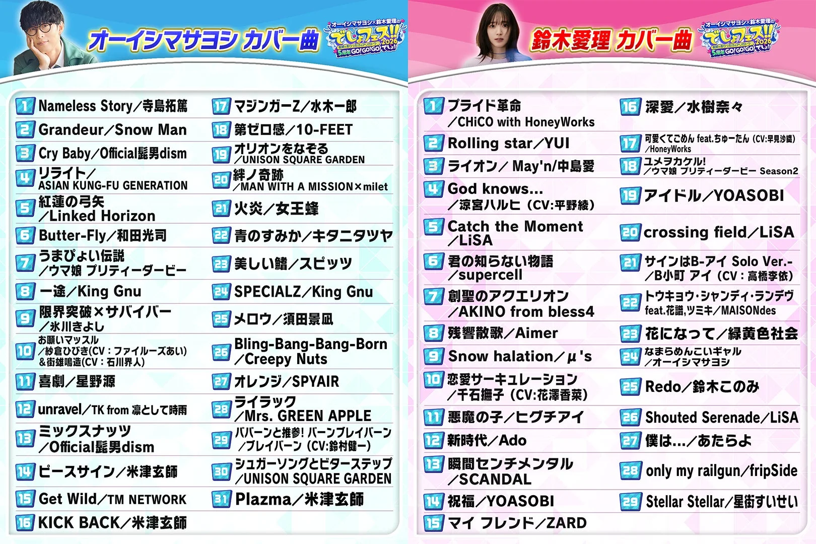 オーイシマサヨシと鈴木愛理のカバー曲リスト