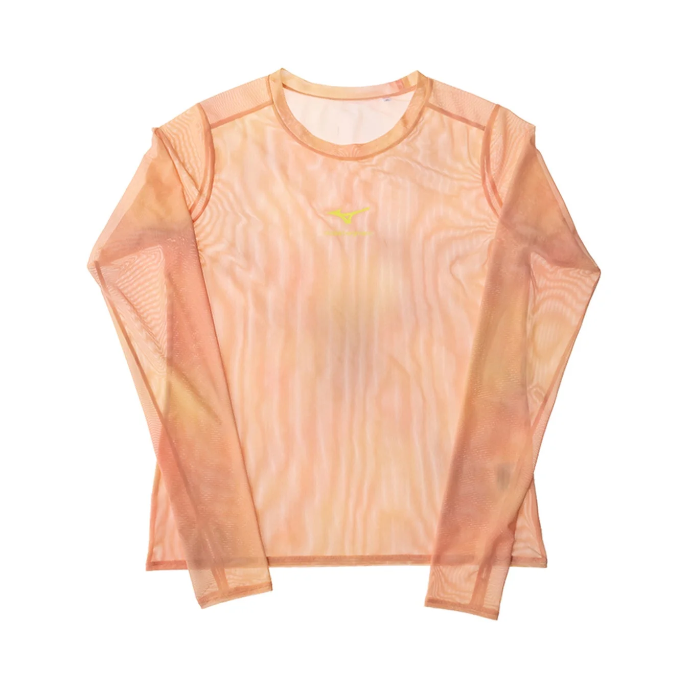 オレンジとイエローのグラデーションが特徴的な、ミズノのシアー素材の長袖トップスです。スポーティながらもファッション性の高いデザインです。