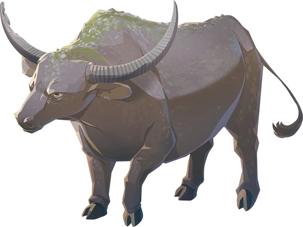 雄々しい角を持つ水牛のイラスト。