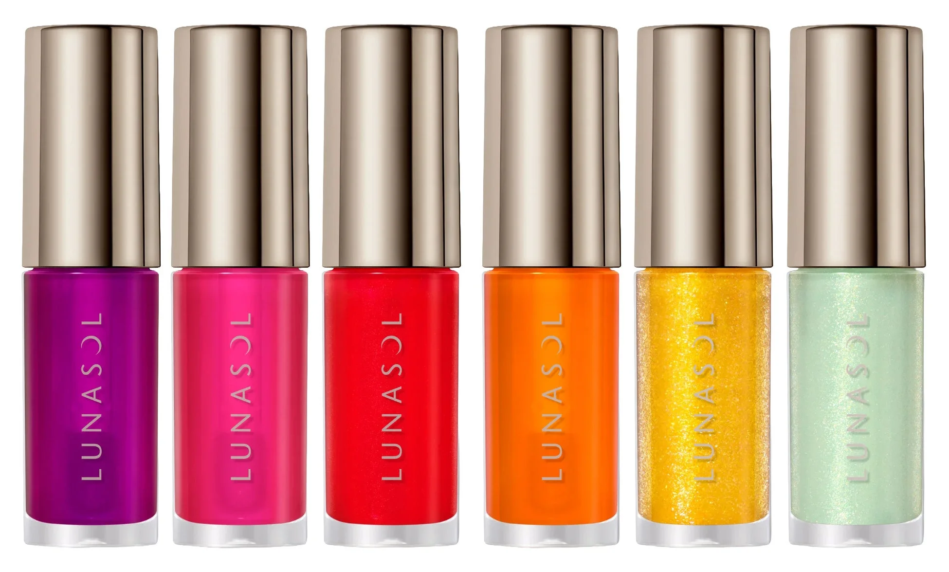 LUNASOLの鮮やかなネイルポリッシュ6本が並んでいます。マゼンタ、ピンク、レッド、オレンジ、イエロー（グリッター）、ミントグリーン（グリッター）の多様な色が特徴で、美容やコスメに関心のある層に訴求します。