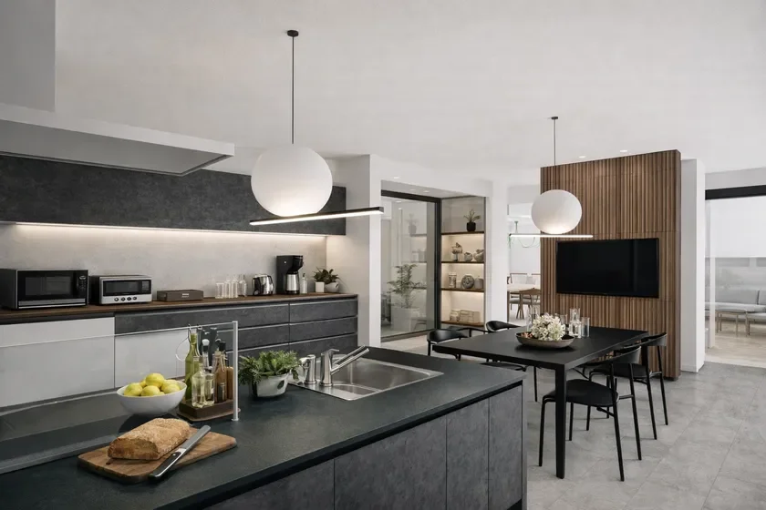 モダンなオープンキッチンのダイニングスペース